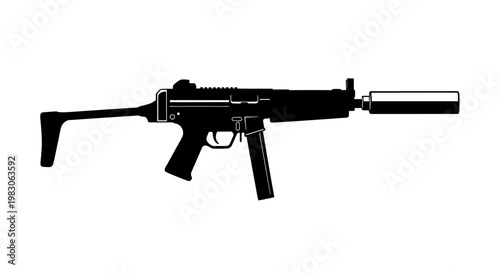 Silhouette of a Submachine Gun with Silencer, Tactical Weapon Icon