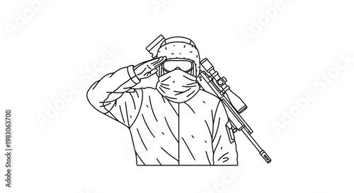 Sniper in Hazmat Suit Salutes, Holding Rifle - Protective Gear and Weaponry