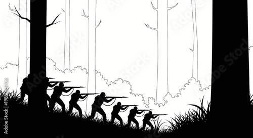 Silhouetted soldiers advancing through a forest with rifles, war and conflict concept