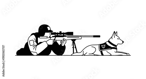 Sniper and police dog team on mission, tactical operation, security, surveillance, partnership