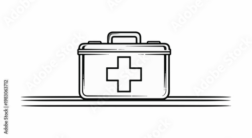 Hand-drawn first aid kit with a red cross symbol on a white background