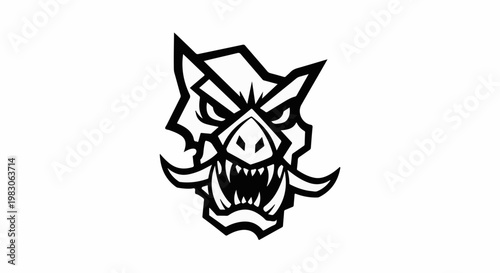 Fierce boar head with sharp tusks and menacing eyes, bold outline