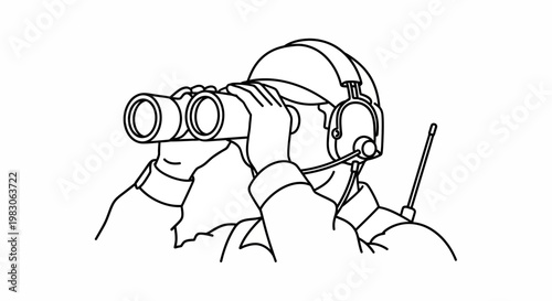 Soldier with binoculars and headset looking through binoculars, military observation