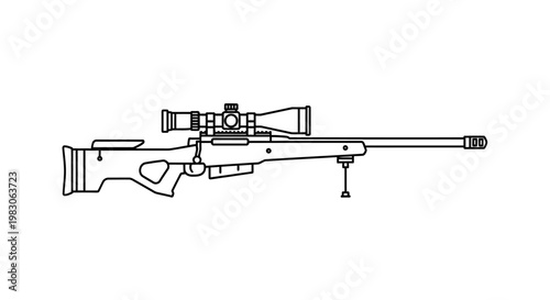 Sniper Rifle with Scope and Bipod - Line Art Illustration