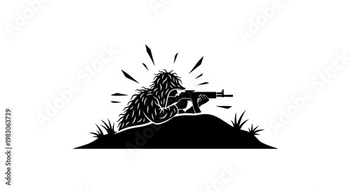 Sniper Silhouette in Ghillie Suit Aiming Rifle from Hilltop