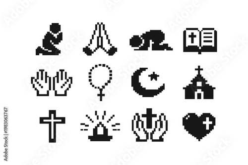 Collection of pixel art religious symbols and icons for diverse faiths