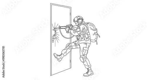 Soldier breaching door with assault rifle, tactical entry, combat operation, military action