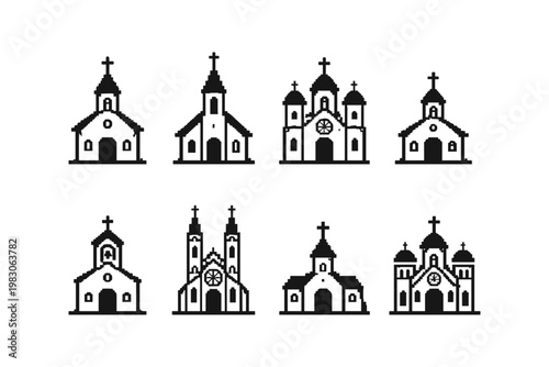 Collection of pixel art churches and chapels with crosses on white background