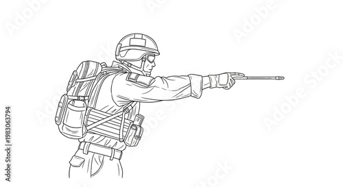Soldier Aiming Rifle, Military Action, Tactical Gear, Combat Ready, Outdoor Scene