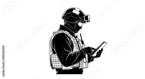 Soldier in tactical gear using smartphone, modern warfare, communication technology, digital battlefield