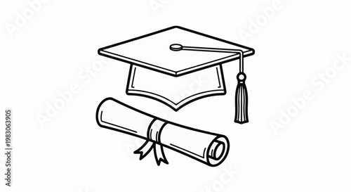 Graduation cap with tassel and rolled diploma scroll