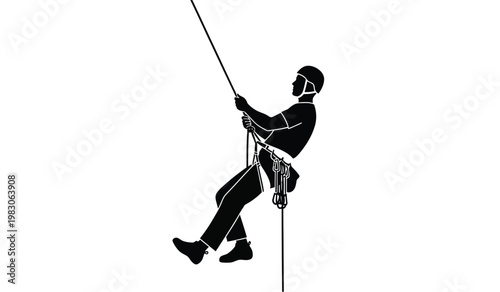 A black silhouette depicts a climber rappelling down a rope showcasing outdoor adventure and technical skill silhouette high quality professional detailed modern elegant stylish