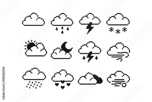 Pixel art weather icons collection with clouds and various meteorological phenomena