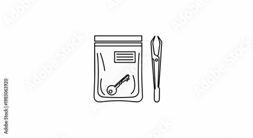 Line art of a key in a sealed bag next to tweezers