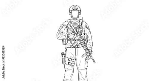 Soldier in Tactical Gear with Rifle, Military Uniform, Ready for Action