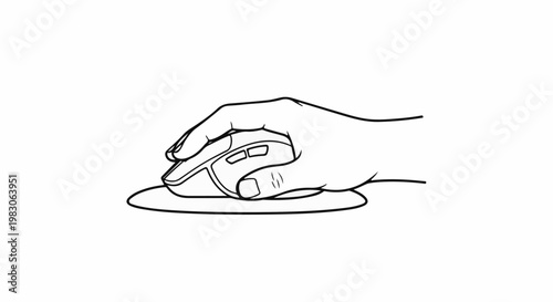 Line drawing of a hand holding a computer mouse on a pad