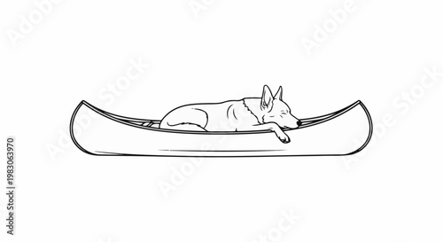 Line art of a dog sleeping peacefully in a canoe
