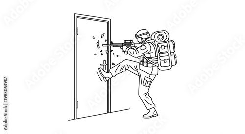 Soldier Kicking Door Open with Rifle Ready for Entry