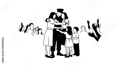 Soldier reunited with family, children hug, crowd cheers, homecoming, welcome home