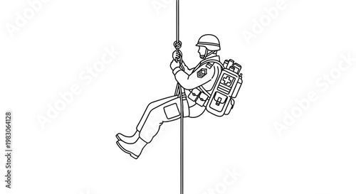 Soldier Rappelling Down Rope with Medical Backpack - Military Rescue Operation