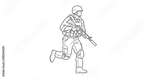 Soldier running with rifle, tactical gear, combat helmet, military action sketch