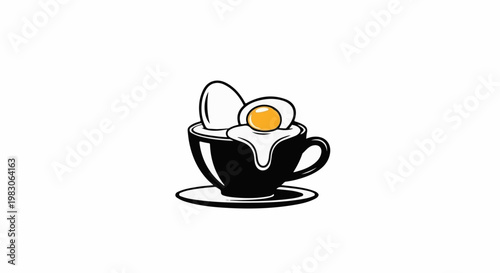 Black coffee cup holding two eggs, one fried, one boiled