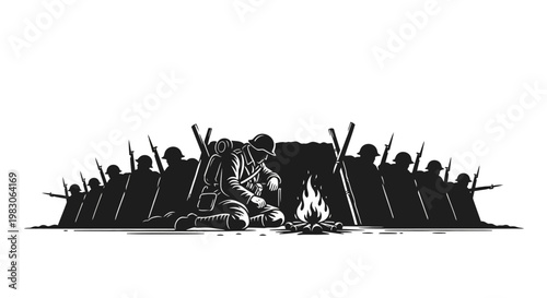 Soldier Sitting by Campfire in Trench Silhouette, WWI Era