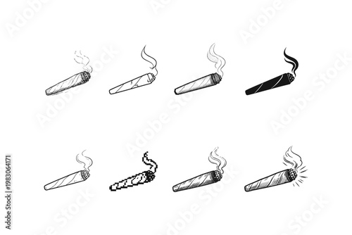 Collection of various hand-drawn and pixelated marijuana joints with smoke