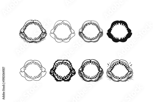 Collection of diverse shark jaw illustrations with sharp teeth and varied artistic styles