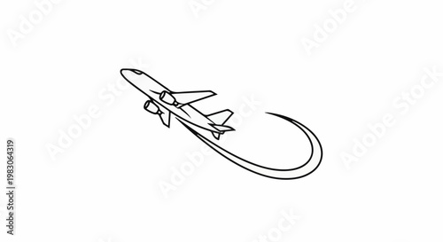 Line art depiction of an airplane taking off with a curved trail