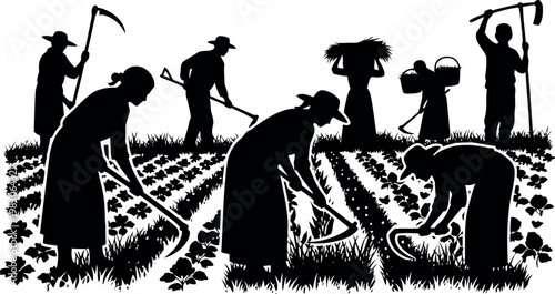 Group of farmers working together in agricultural field with traditional tools