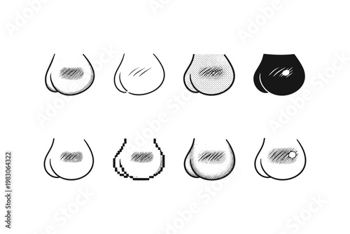 Collection of stylized buttocks illustrations in various artistic styles and techniques