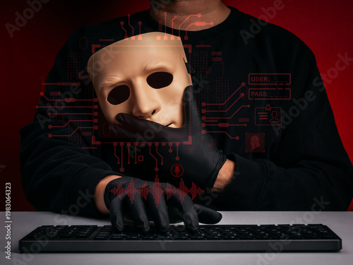AI deepfake identity concept with hacker holding mask on red, representing fake identity, impersonation, online scammer, digital fraud, cyber crime, and identity theft in advanced technology threat.