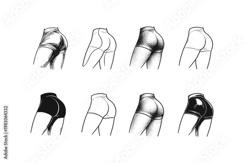 Collection of stylized drawings showcasing different styles of women's shorts