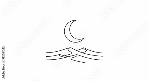 Crescent moon over rolling desert dunes