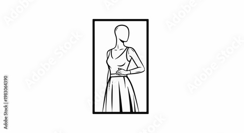 Line drawing of a stylized female mannequin in a v-neck top and skirt
