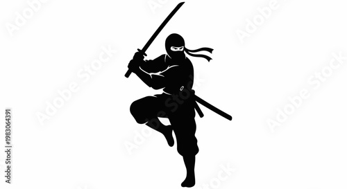 Silhouette of a ninja warrior in a defensive stance with two swords