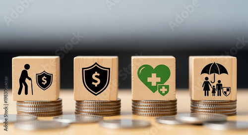 Security and Wellbeing: Conceptual wooden blocks representing pillars of life, including financial security, health, and family protection, aligned on stacks of coins.