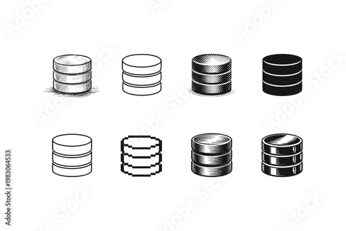 Collection of database icons in various artistic styles and rendering techniques