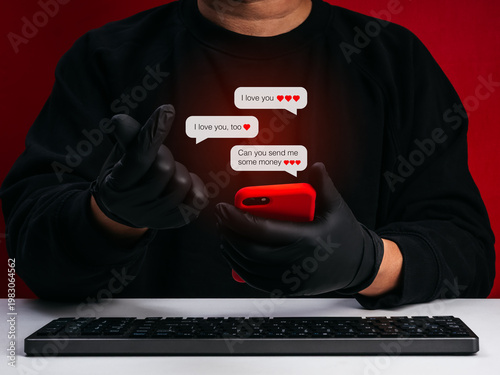 Romance scam concept with hacker or scammer using smartphone and fake love messages. Online dating fraud, catfishing, emotional manipulation, phishing scam, and financial loss in cyber crime.