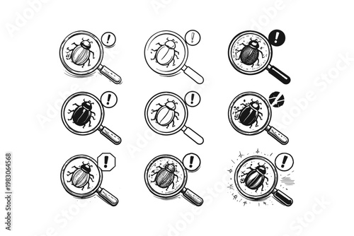 Collection of hand-drawn icons depicting bugs under a magnifying glass with alerts