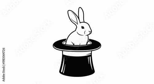 A white rabbit emerges from a black top hat with white trim