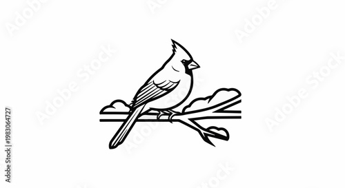 Black and white illustration of a cardinal perched on a branch