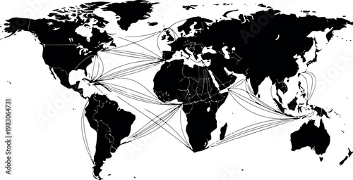 World Map Showing Global Flight Routes and Connections Between Cities