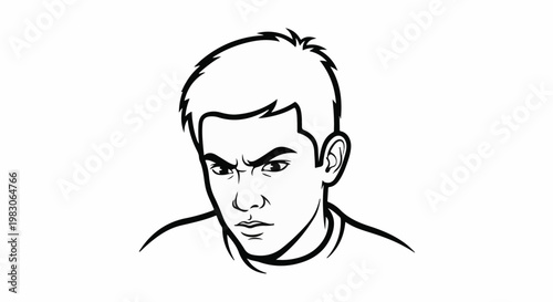 An intense black and white line drawing of a young man's face looking forward