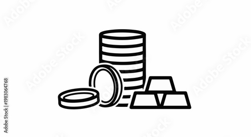 Stacks of coins and gold bars on a white background
