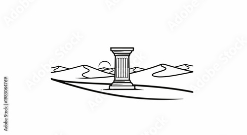 Ancient pillar stands in a minimalist desert landscape under a crescent sun