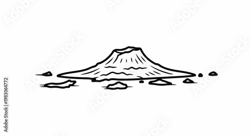 Simple black ink drawing of a volcano with surrounding rocks