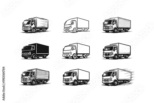 Collection of diverse truck illustrations for logistics and delivery services