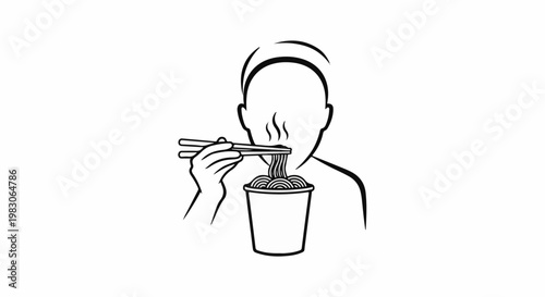 Person with headband eating noodles from a cup with chopsticks, steam rising